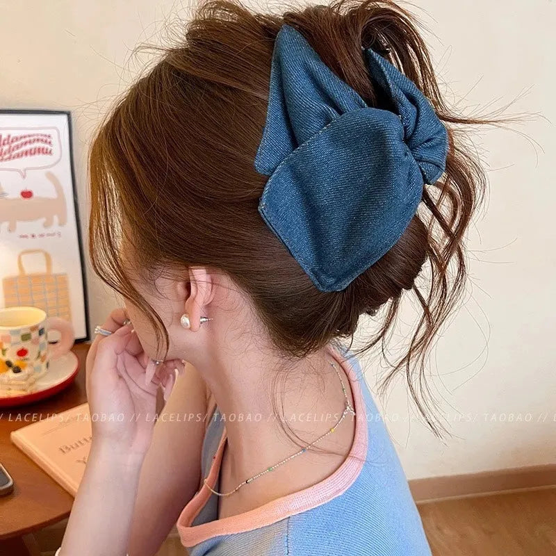 Women's handmade hair clip with denim fabric bow triangle decoration and plastic grip