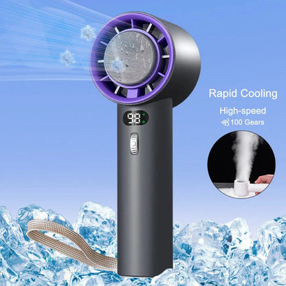 Powerful portable handheld turbine fan with cooling system, adjustable airflow, long-lasting battery, and compact design for on-the-go refreshment.