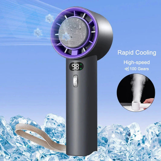 Powerful portable handheld turbine fan with cooling system, adjustable airflow, long-lasting battery, and compact design for on-the-go refreshment.