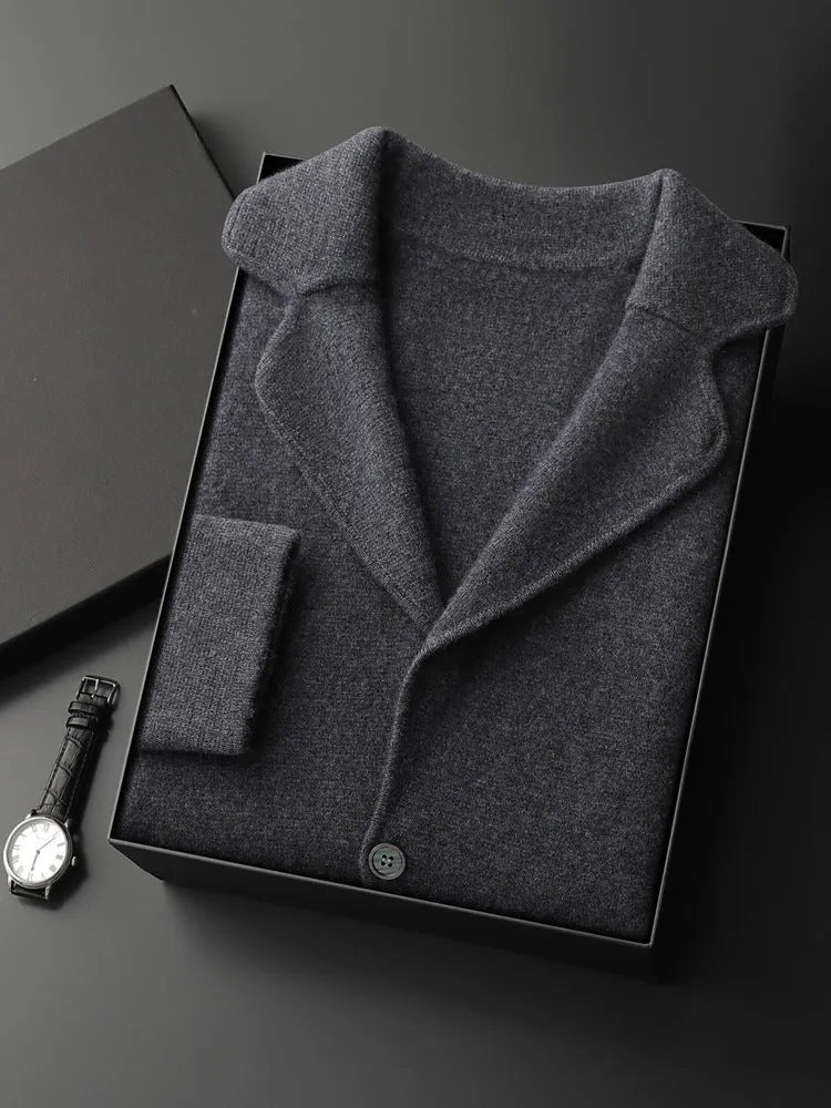 Men's cashmere lapel collar cardigan jacket in light gray colour showing loose fit and knitted texture