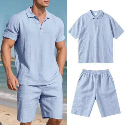 Men's light blue linen-blend short sleeve shirt and matching shorts casual summer suit set