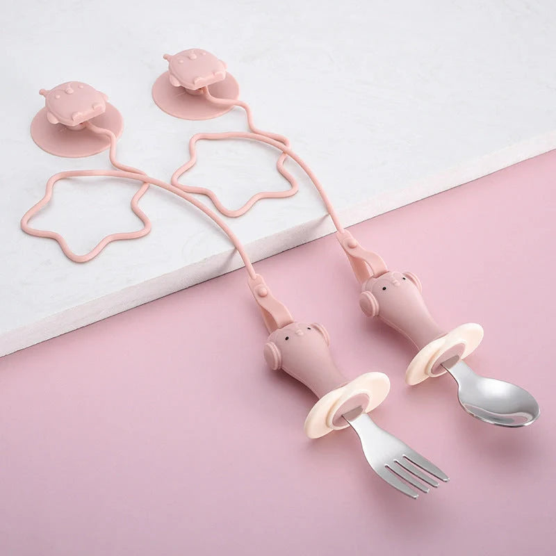 Infant stainless steel training spoon and fork set with silicone anti-drop chain and suction cup