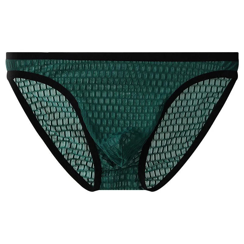 Men's low waist transparent lace underwear in various colours on a size chart background.
