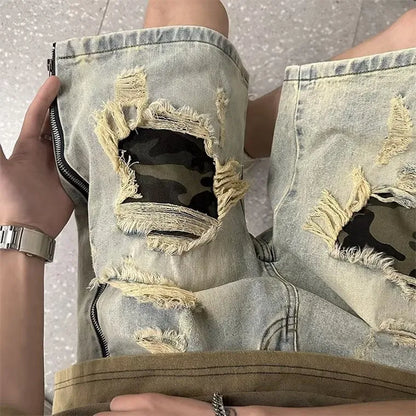 Men's yellow mud coloured denim shorts with ripped camouflage pattern and straight-leg Korean cut