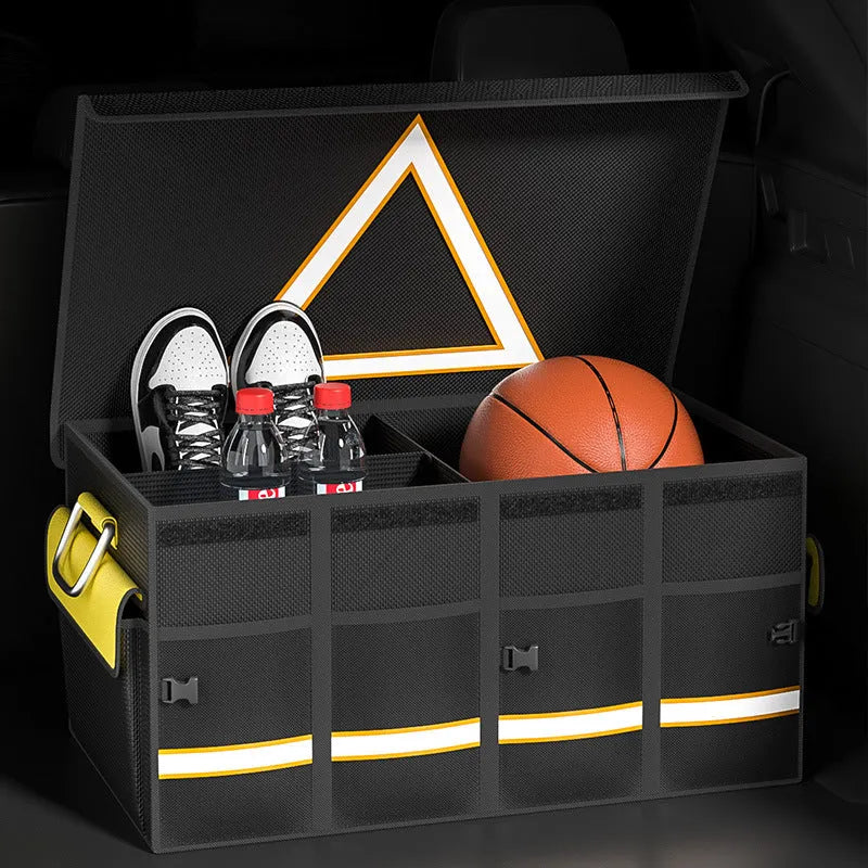 Black and yellow foldable car trunk storage bag with carrying handle in three size options.