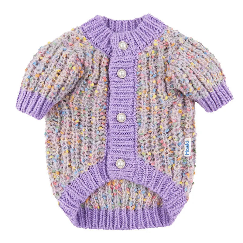 Purple dog cardigan sweater for small to medium breeds in soft polyester material