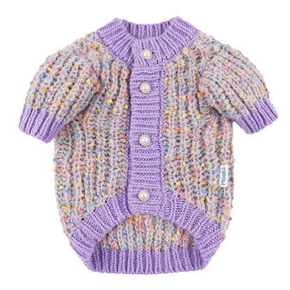 Purple dog cardigan sweater for small to medium breeds in soft polyester material