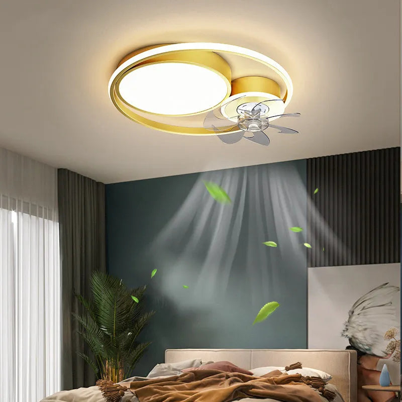 Nordic-style ceiling fan with integrated acrylic lampshade and remote control, shown in matte black finish.