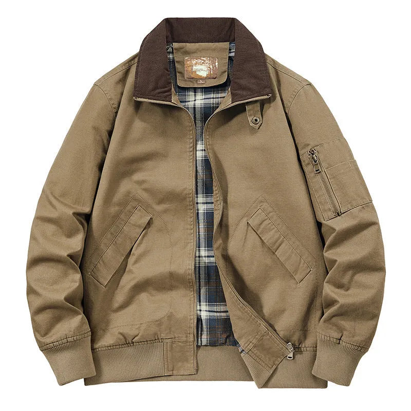 Men's plus-size washed cotton baseball flight jacket in camel, black, army green, or beige.