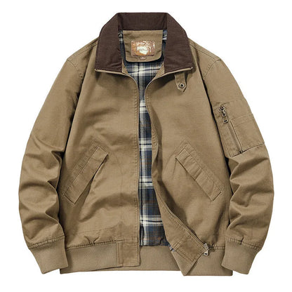 Men's plus-size washed cotton baseball flight jacket in camel, black, army green, or beige.