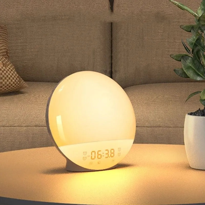 Sunrise alarm clock wake up light with wood grain base, 16x16x6cm, USB powered, voice control, two alarms