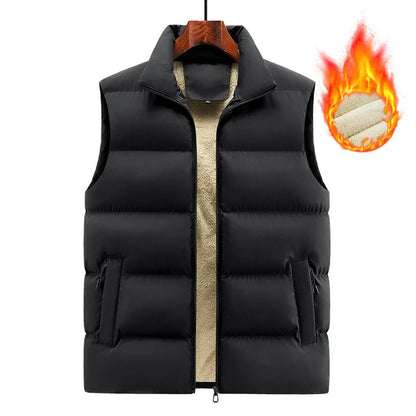 Men's striped lambswool vest in black, shown on a hanger.