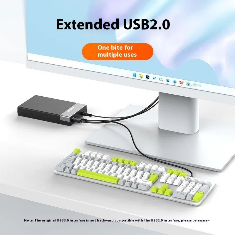 USB 3.0 to SATA external hard drive enclosure for 3.5-inch drives with slide-open cover, data cable, and power adapter