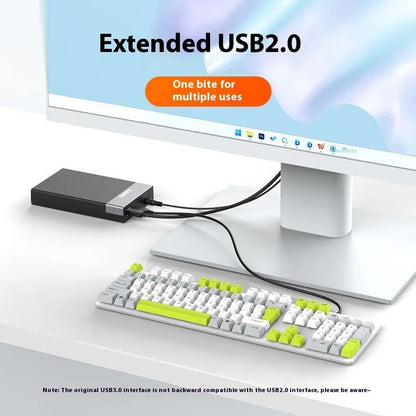 USB 3.0 to SATA external hard drive enclosure for 3.5-inch drives with slide-open cover, data cable, and power adapter