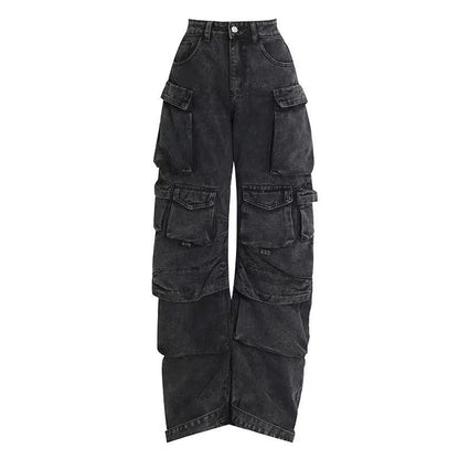 Blue high waist wide leg denim trousers with multiple pockets on a mannequin