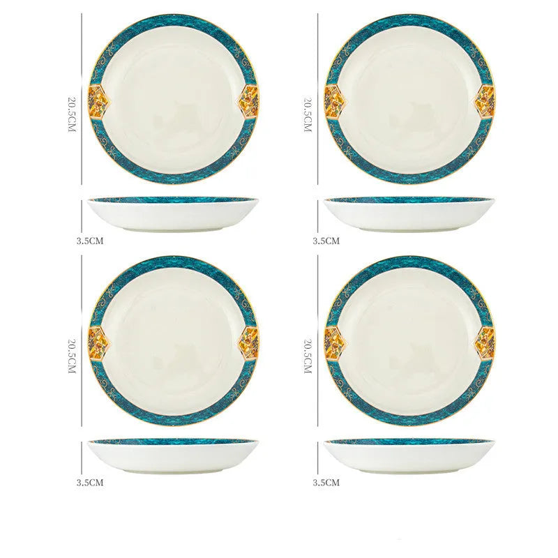 Round porcelain dinner plate with Nordic plant and flower design, flat disk shape, glaze colour finish