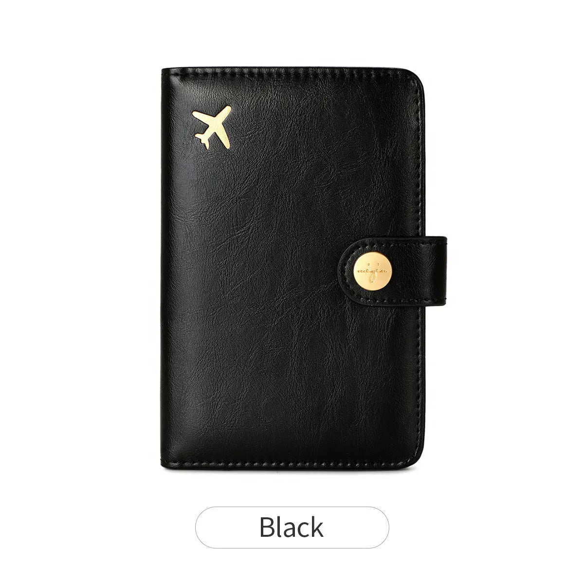 PU passport wallet with sewing line detail, shown in multiple colours including black, pink, and blue, featuring anti-theft swiping protection.