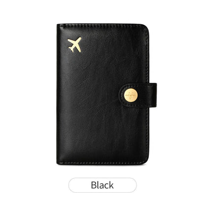 PU passport wallet with sewing line detail, shown in multiple colours including black, pink, and blue, featuring anti-theft swiping protection.