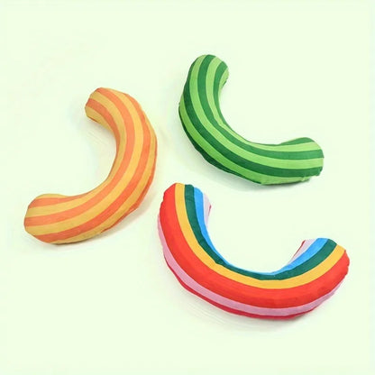 Striped pattern cat pillow toy with noise feature and catnip, measuring 23cm by 20cm, in green, rainbow, or yellow