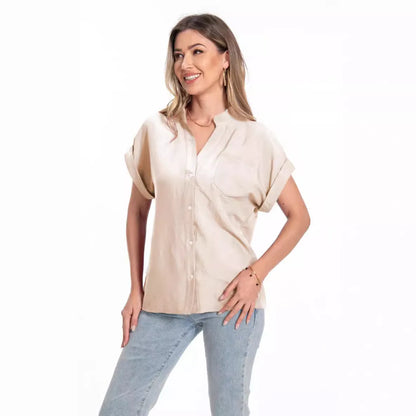 Women's loose-fit button-collar summer top in Army Green with short raglan sleeves.