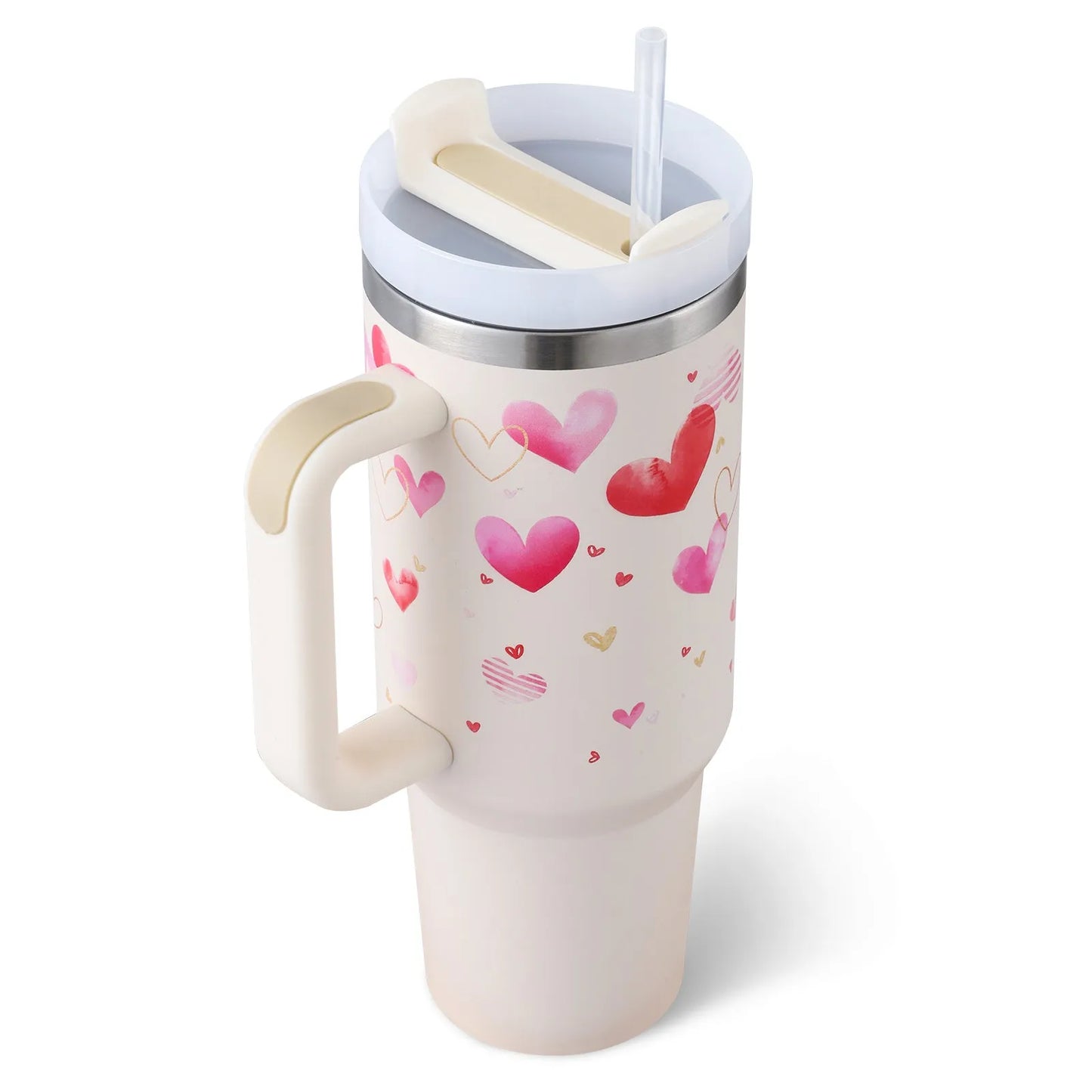 40oz stainless steel tumbler with handle and straw in various colour options showing tapered shape and spill-proof lid