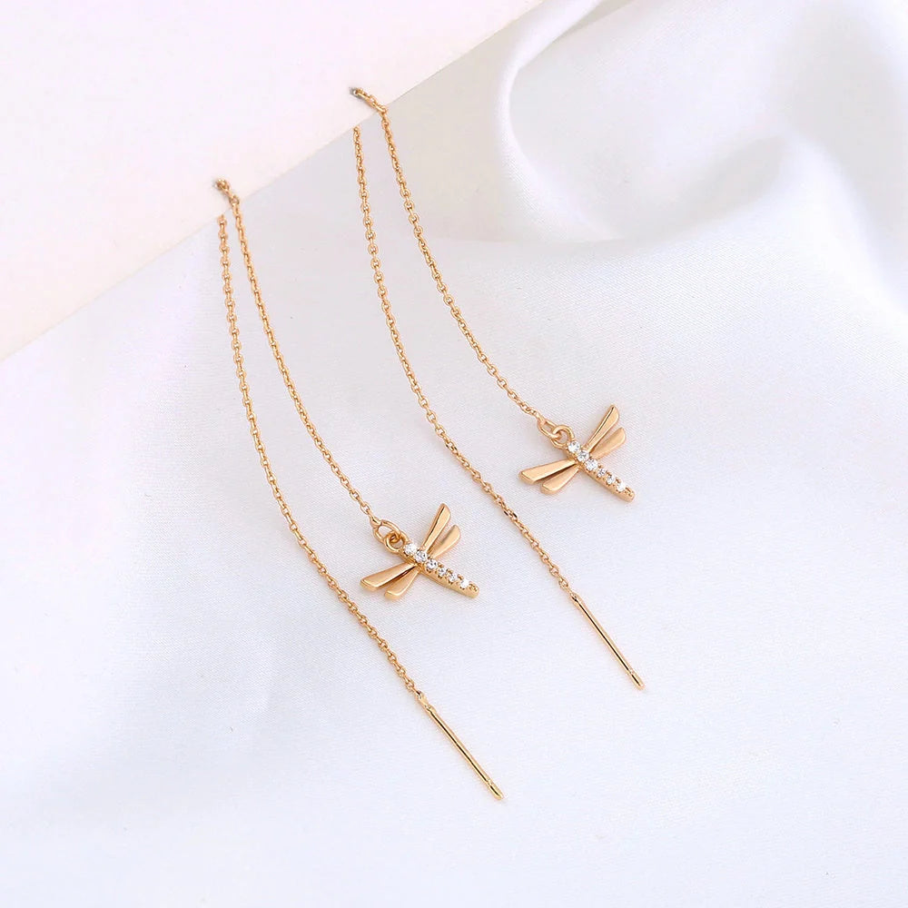 Gold copper dragonfly micro-set zircon long tassel ear wire jewellery