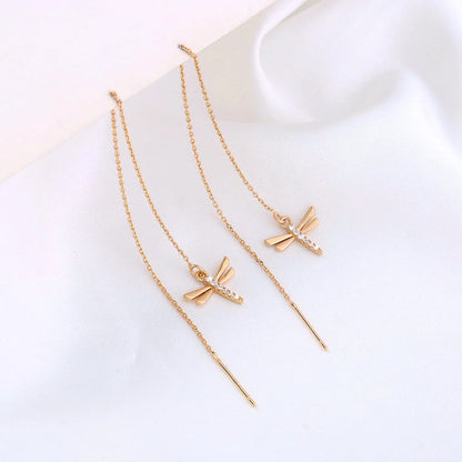 Gold copper dragonfly micro-set zircon long tassel ear wire jewellery