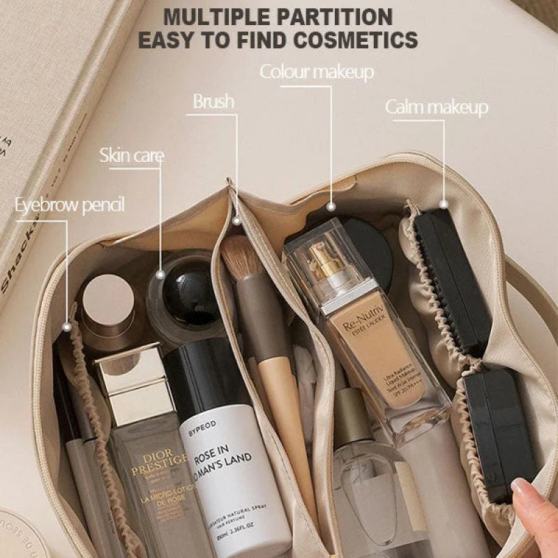 Premium PU leather cosmetic bag with large capacity, versatile storage, and water-resistant design for modern women on the go
