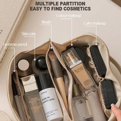 Premium PU leather cosmetic bag with large capacity, versatile storage, and water-resistant design for modern women on the go