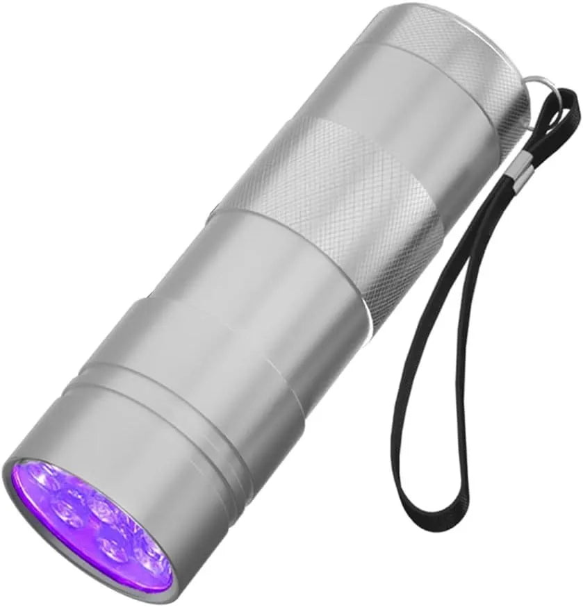 Black aluminium alloy UV flashlight torch for detecting pet urine stains and bed bugs.