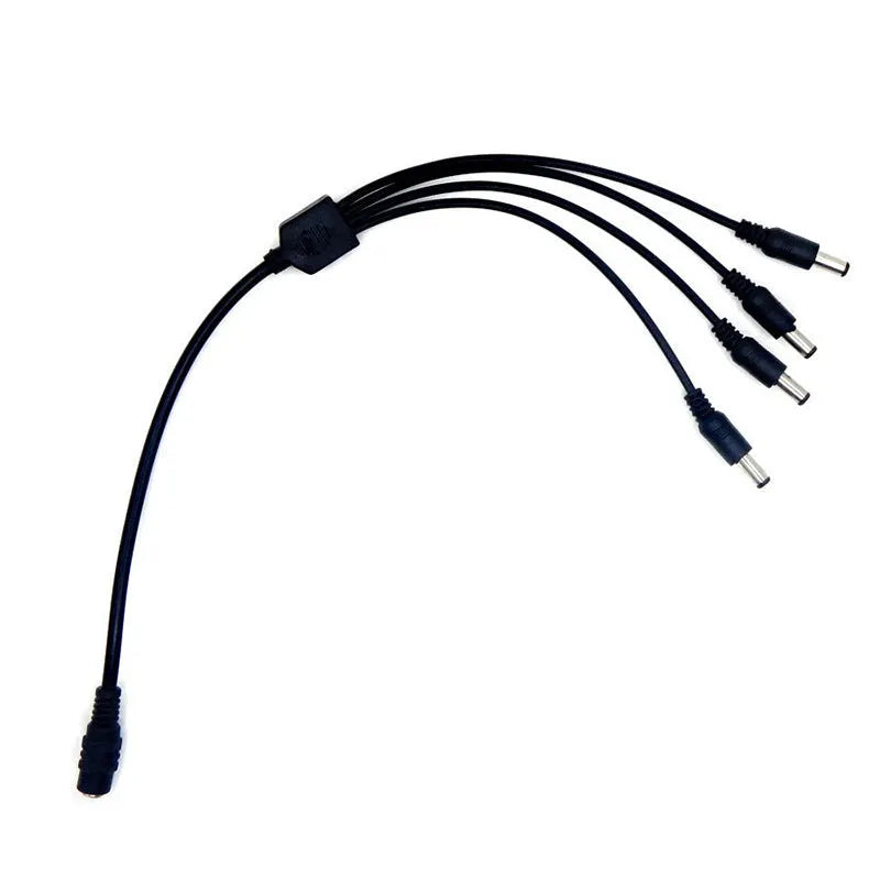 Black DC monitoring power splitter cable with four output connectors for security camera systems