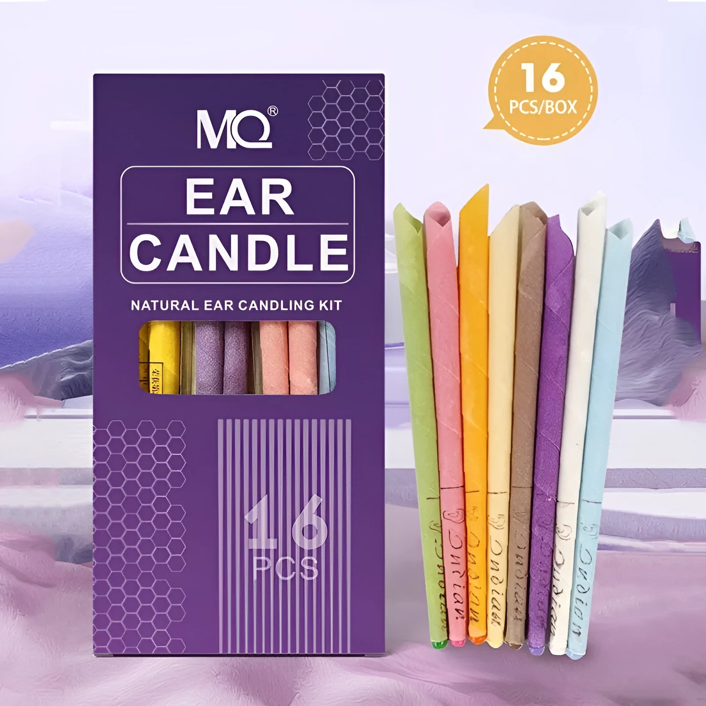 Boxed set of 16 cotton cloth ear candles, 8 protection boards, and 16 swabs in various colours