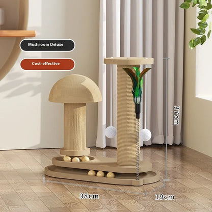 Solid wood cat scratching post with sisal rope and a brown oval turntable on a thick wooden base.