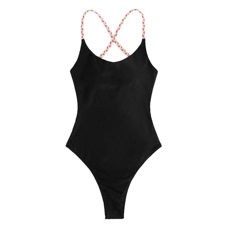 Black solid colour one-piece swimsuit with backless design and tight fit