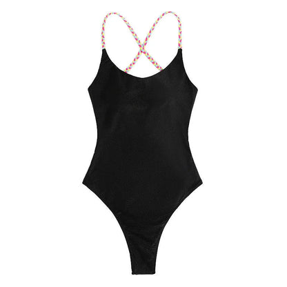 Black solid colour one-piece swimsuit with backless design and tight fit