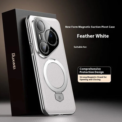 Magnetic rotating bracket phone case for Huawei Pura 70/80 in Obsidian Black frosted feilin leather with fall protection