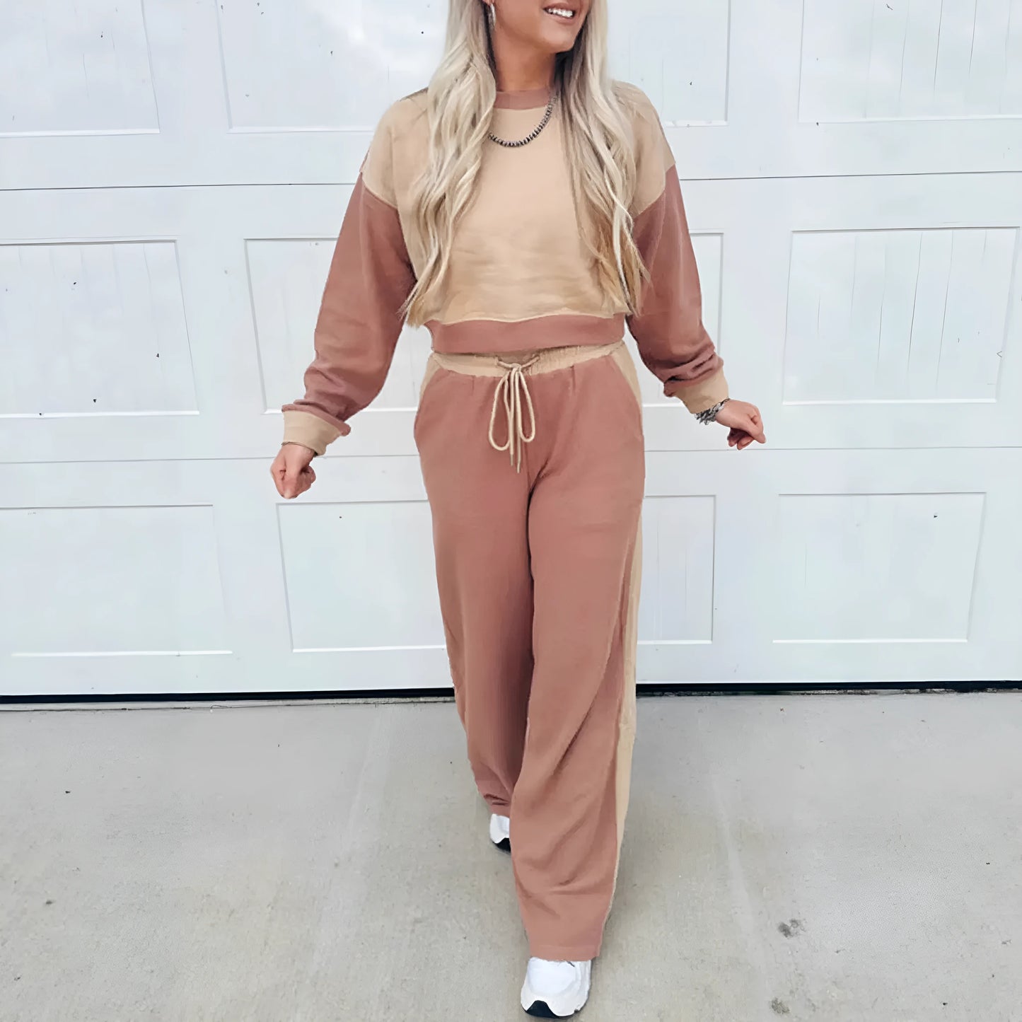 Camel colour women's cotton leisure suit with matching top and full-length trousers