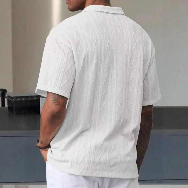 Retro button lapel short sleeve T-shirt in cotton blend fabric with a regular fit, available in six solid colours including white, black, blue, grey, Army Green, and khaki, featuring a classic slit detail and Asian sizing ranging from S to XXXL