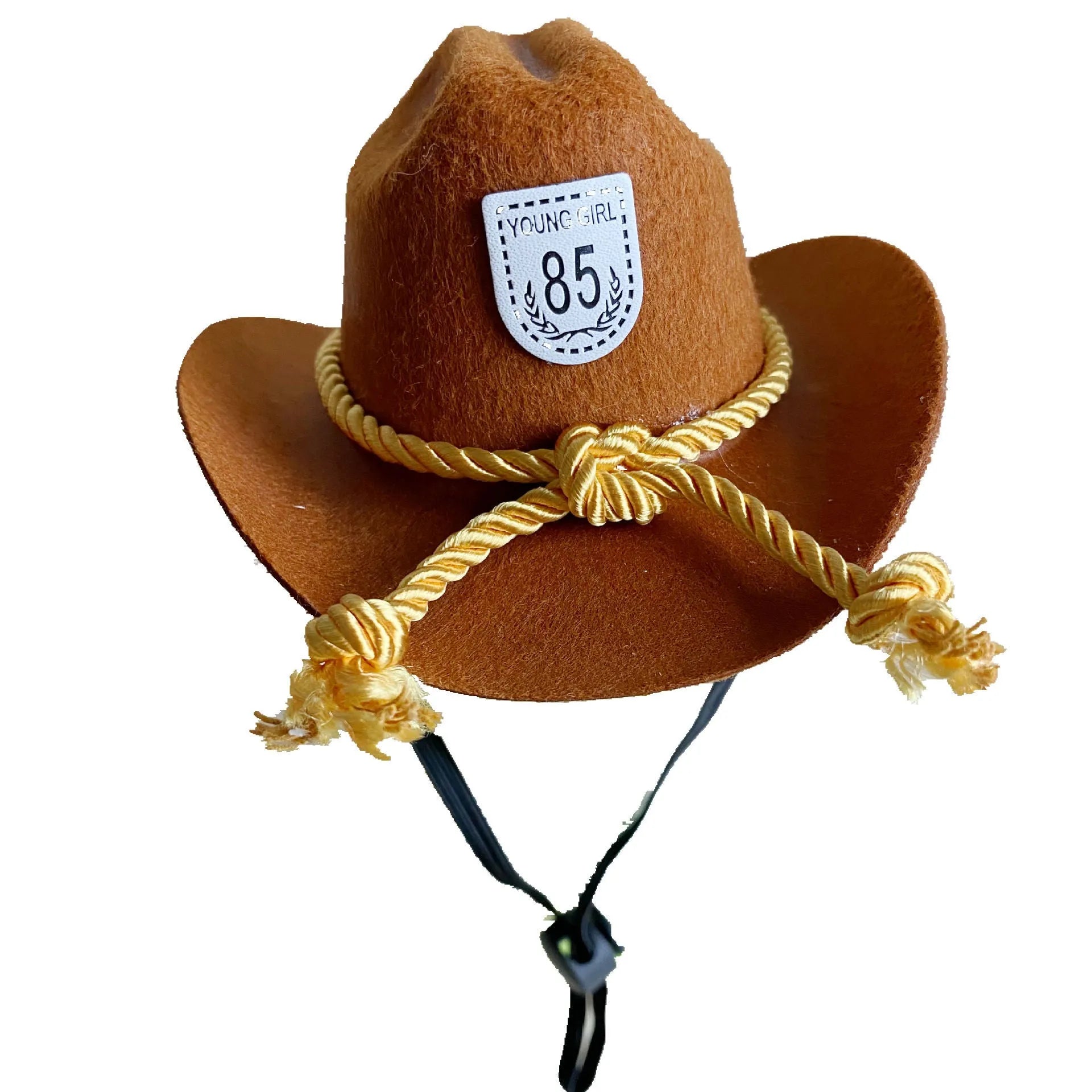 British cowboy hat for a cat on a stand, showing brown non woven fabric with a black ribbon trim.