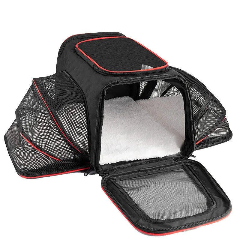 Black and grey portable cat carrier bag with 600D cation fabric construction.