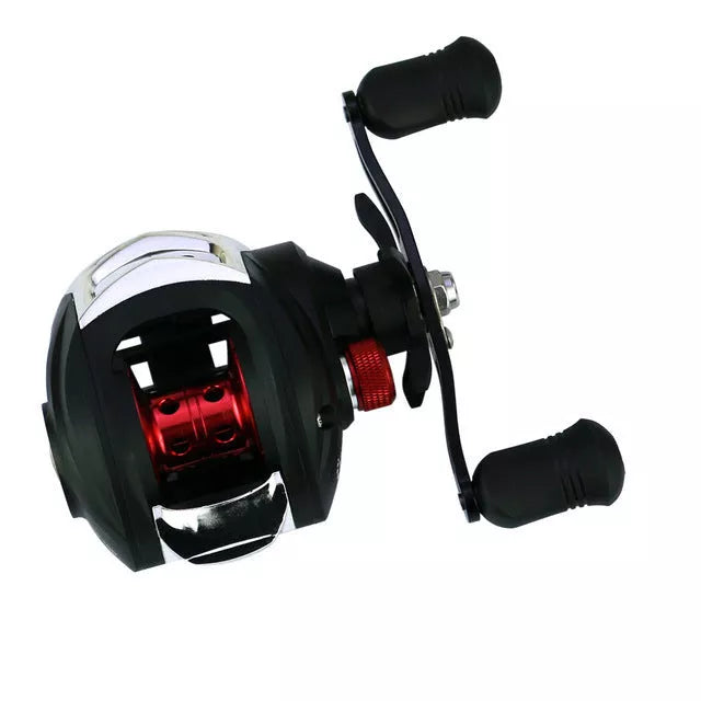 YUMOSHI AK Series Fishing Reel with magnetic brake system in black and red