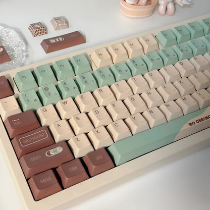 Craft Key CAP Matcha Theme keycap set for mechanical keyboards, showing ergonomic profile and full layout on a desk.