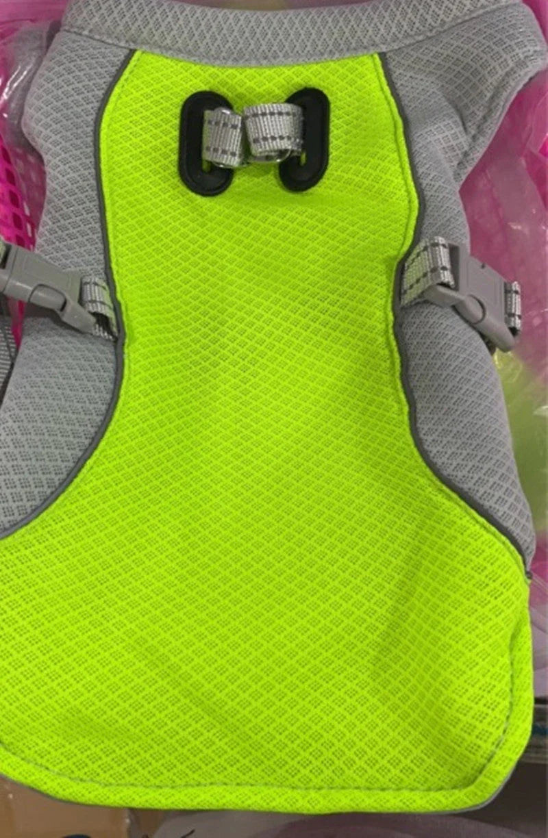A breathable dog cooling vest with a layered design to reflect heat and facilitate evaporative cooling, available in various colors and sizes.