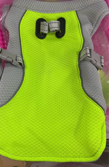 A breathable dog cooling vest with a layered design to reflect heat and facilitate evaporative cooling, available in various colors and sizes.