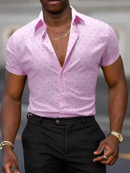 Light blue men's short-sleeved casual shirt with a floral pattern and stretch fabric.