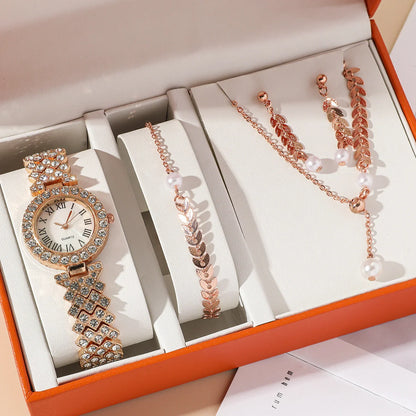 Diamond women's watch with rhinestone quartz bracelet in golden, silver, and rose gold suits