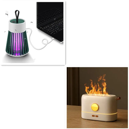 USB desktop humidifier with simulated flame effect and aroma diffusion functionality