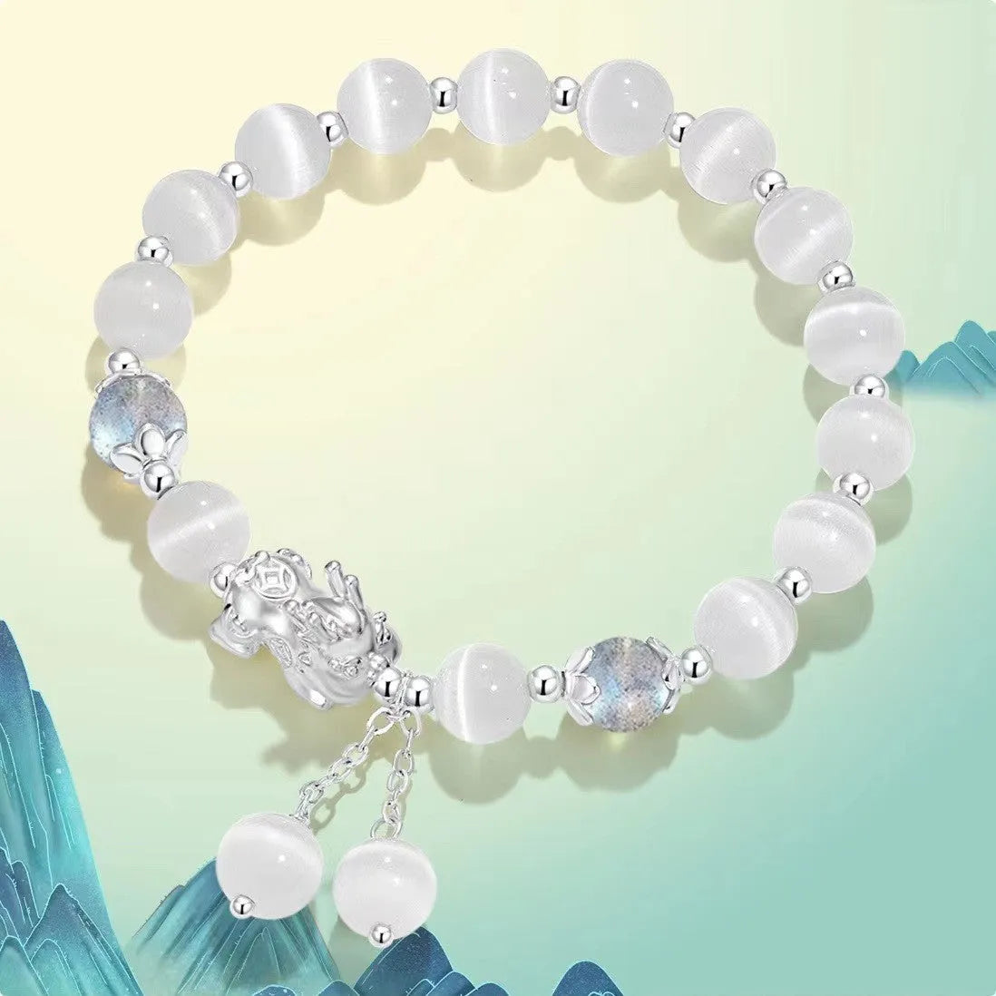 Natural black agate couple bracelets with 10mm wave-shaped beads in grey moonlight colour
