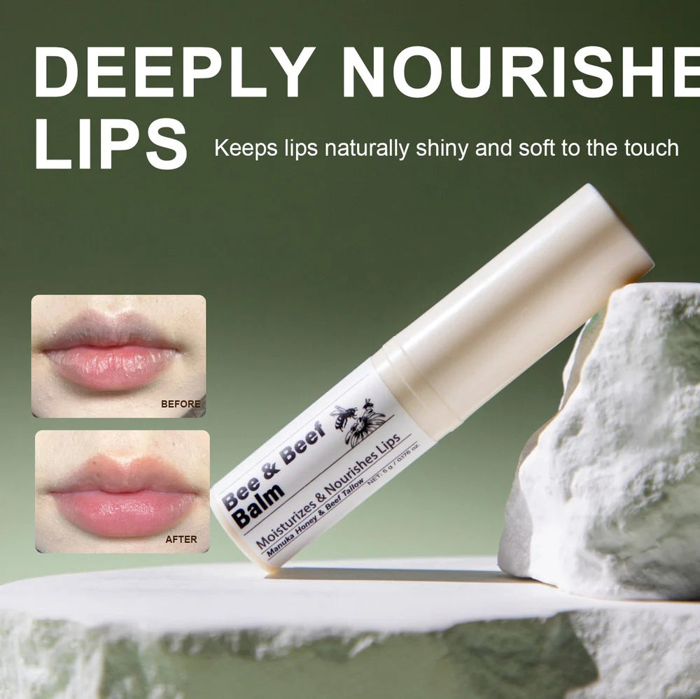 Beef fat lip balm tube showing 83mm length and 19mm diameter with organic grass-fed butter formula