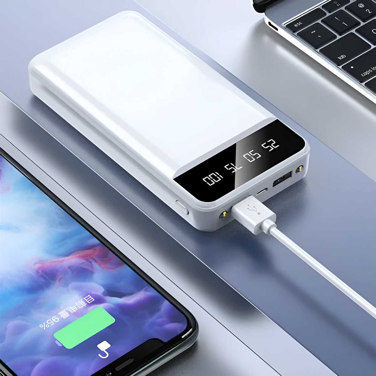 20000 MA power bank in black, white, pink, or blue colours, showing USB ports and compact size.